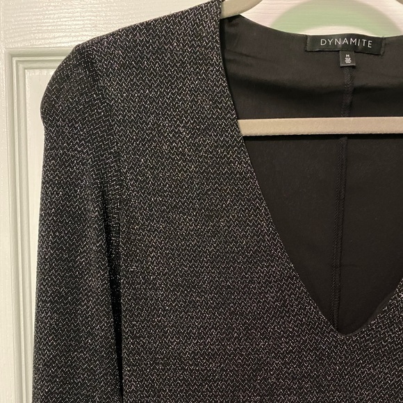 DYNAMITE | Deep V-Neck Metallic Bodycon Dress - Picture 1 of 4